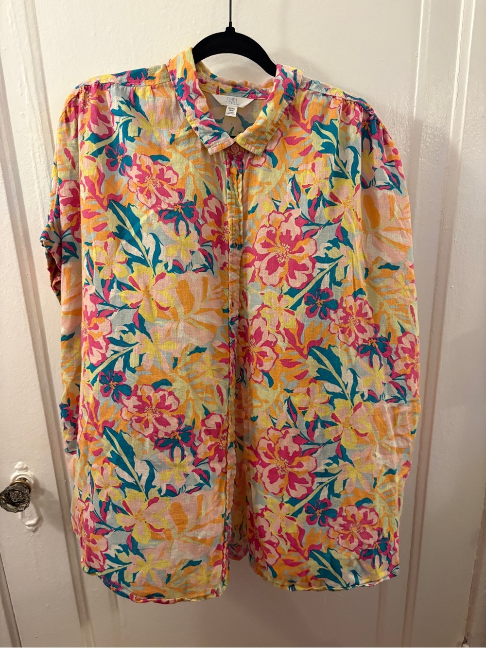 Time and Tru Floral Button-Down Shirt in Pink, Yellow & Teal